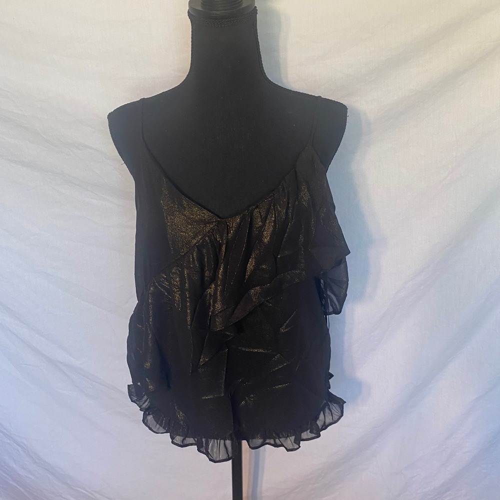 RO & DE Womens Black Gold Metallic Ruffle Camisole‎ Top Size M NWT